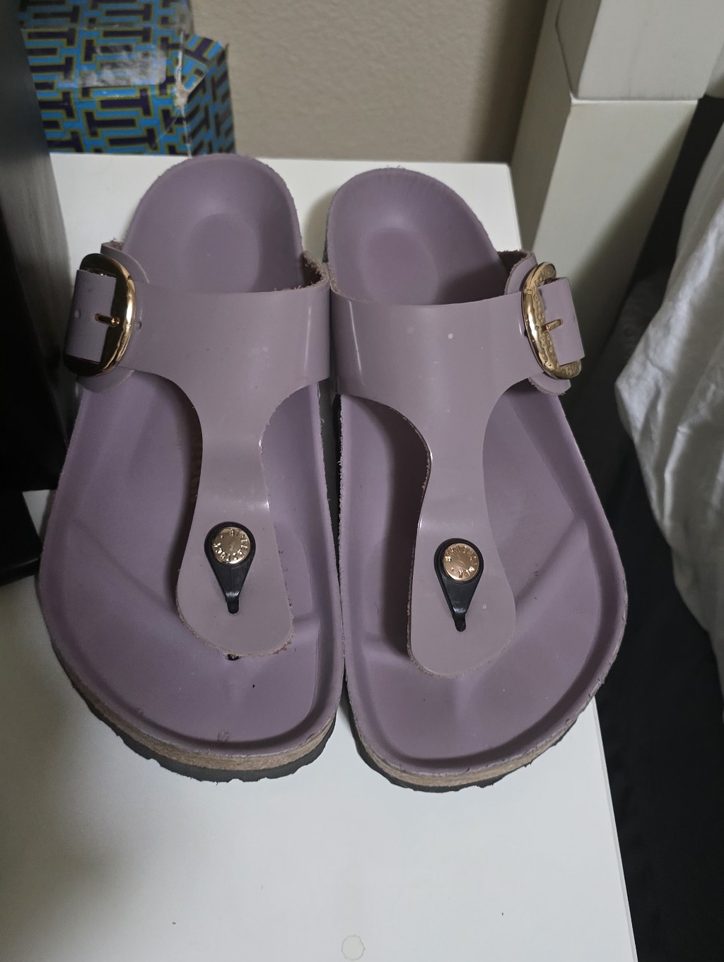 Birkenstock Women's Lavender Thong Sandals With Gold Buckle